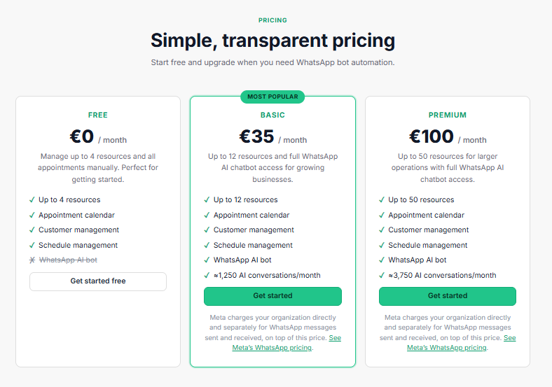 Pricing page showing Free, Basic, and Premium plans with a Get started button