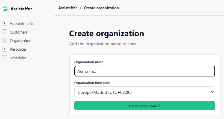 Create organization screen with organization name and time zone fields