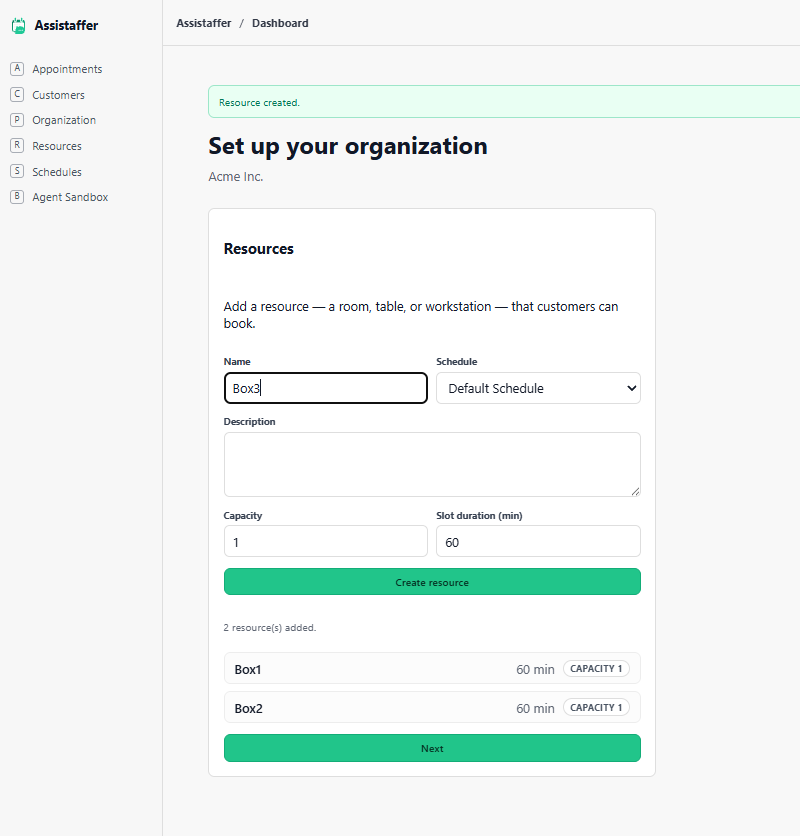 Add resources screen showing a resource name, schedule, capacity, and slot duration