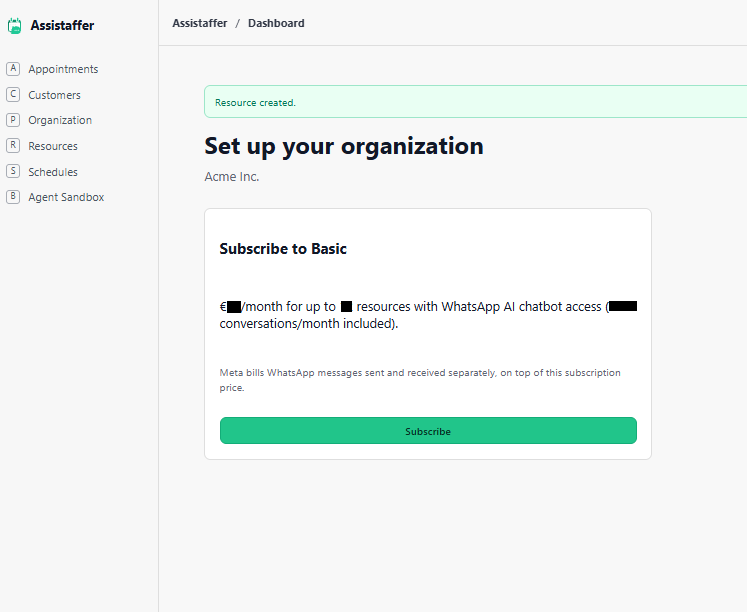 Subscribe screen showing the selected plan's price, resource limit, and a Subscribe button