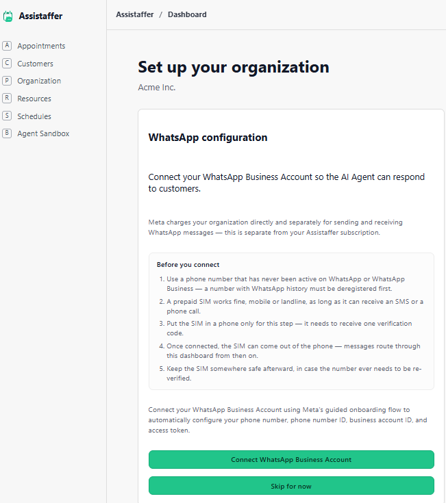 WhatsApp configuration screen with a checklist and a Connect WhatsApp Business Account button
