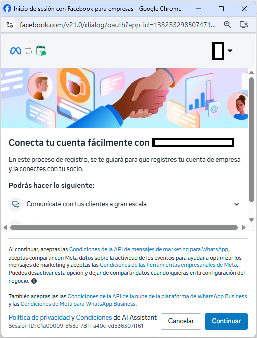 Meta business login pop-up starting the guided onboarding flow