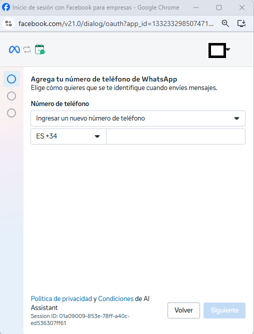 Meta pop-up screen for entering a WhatsApp phone number