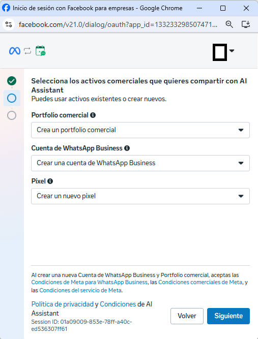 Meta pop-up screen for selecting or creating a Business Portfolio and WhatsApp Business Account