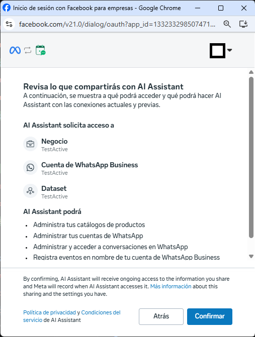 Meta pop-up screen listing the permissions Assistaffer is requesting