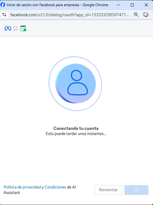 Meta pop-up loading screen while the account connects