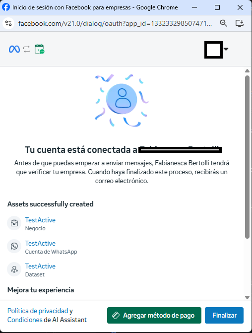 Meta pop-up confirmation screen listing the assets that were created