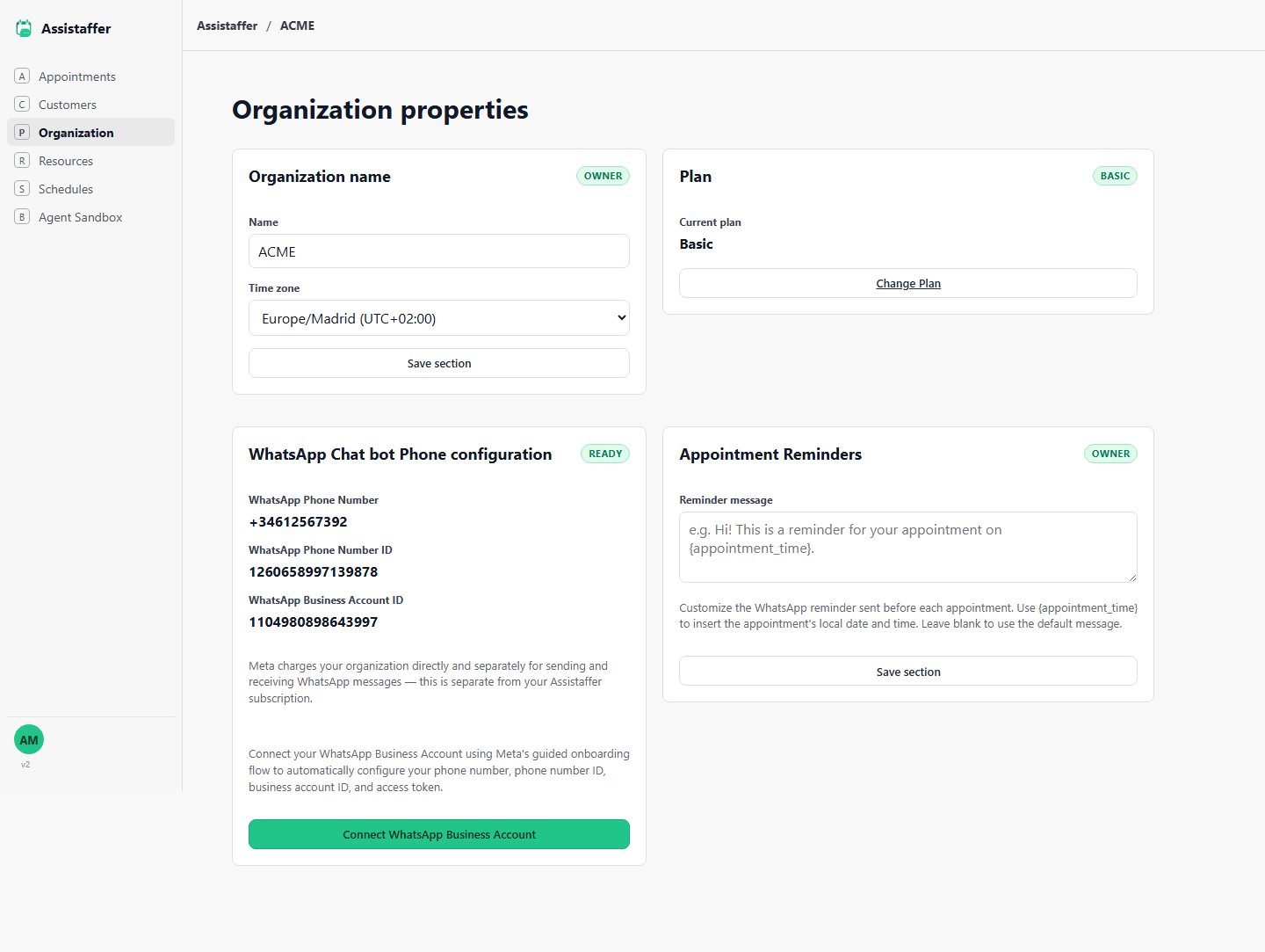 Organization properties page showing organization name, current plan, WhatsApp phone configuration, and appointment reminder settings