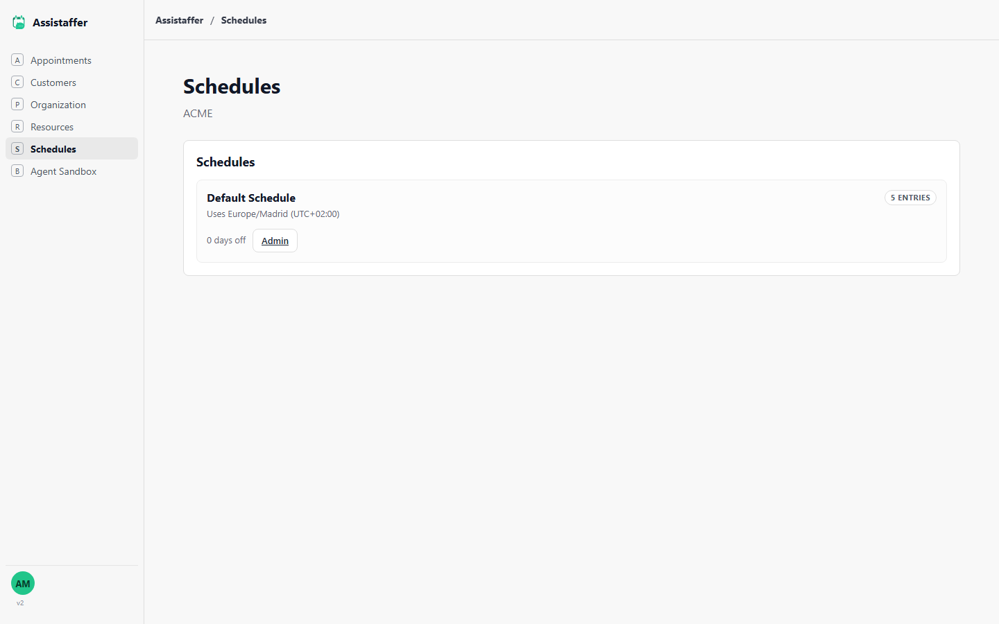 Schedules list showing Default Schedule with 5 entries and 0 days off