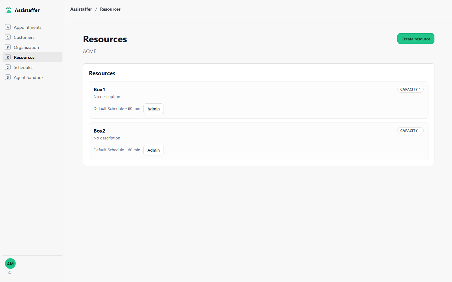 Resources list showing Box1 and Box2, each with capacity, schedule, and slot duration