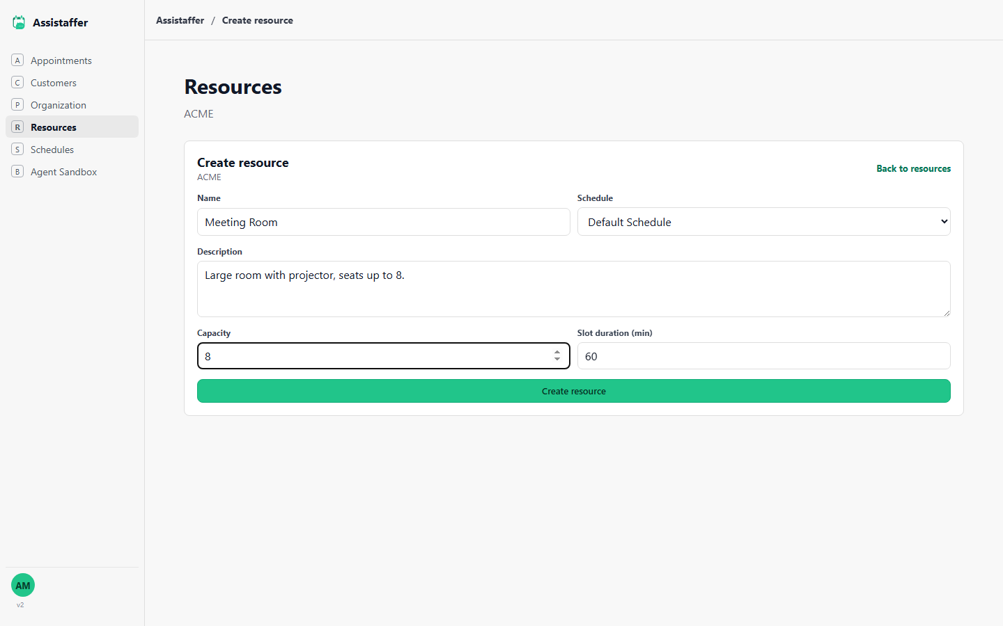 Create resource form with fields for name, schedule, description, capacity, and slot duration
