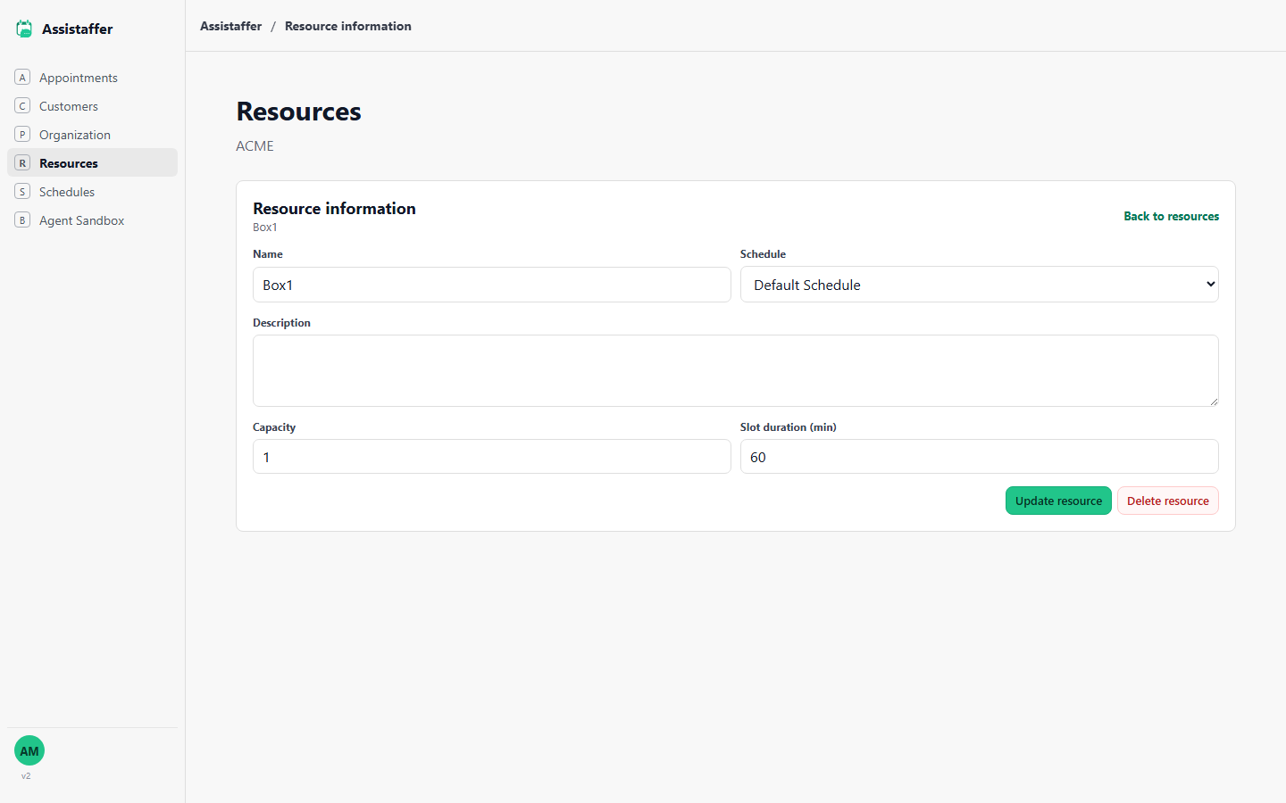 Resource detail page for Box1 with editable name, schedule, description, capacity, and slot duration, plus Update and Delete buttons