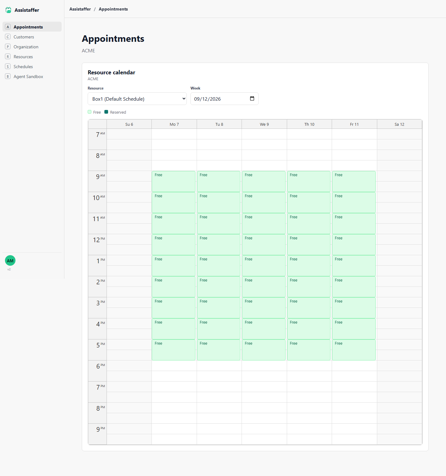 Resource calendar for Box1 showing a week of free slots in green