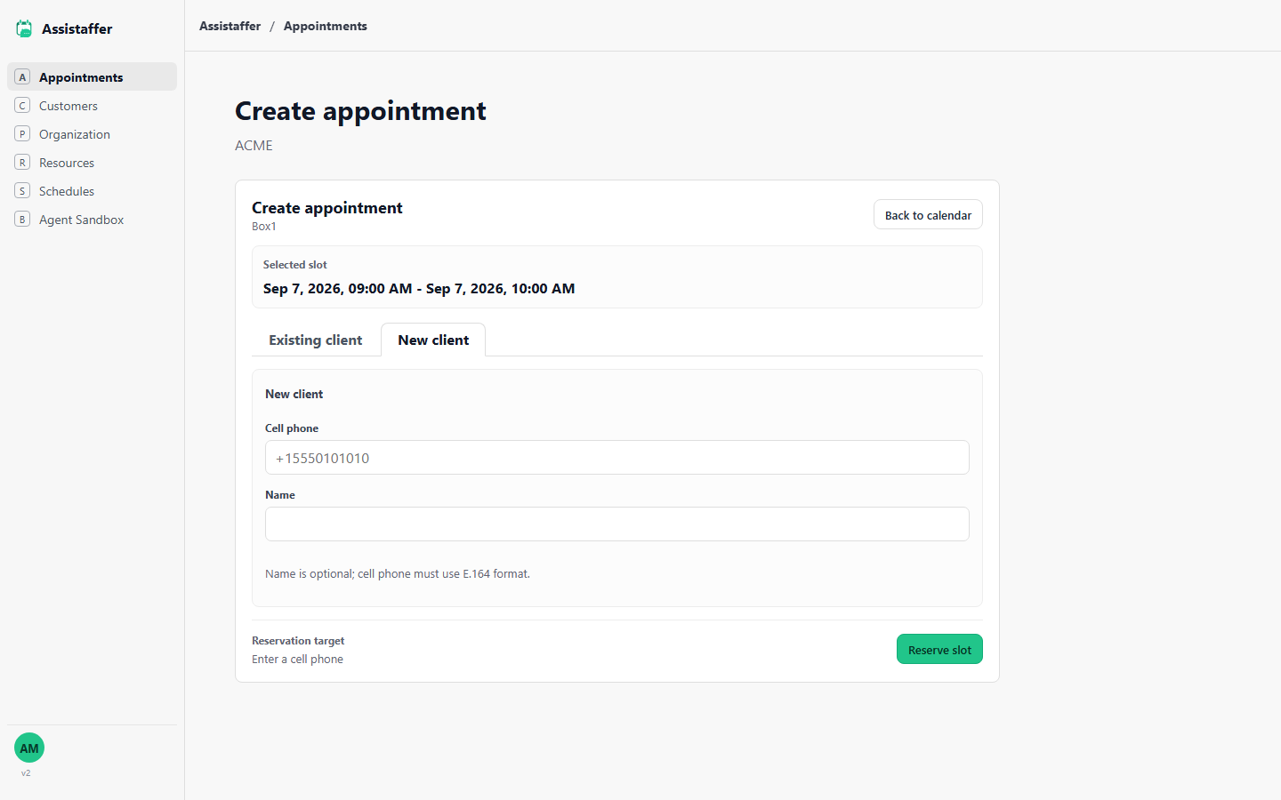 Create appointment form for a selected slot, with Existing client and New client tabs, cell phone and name fields, and a Reserve slot button