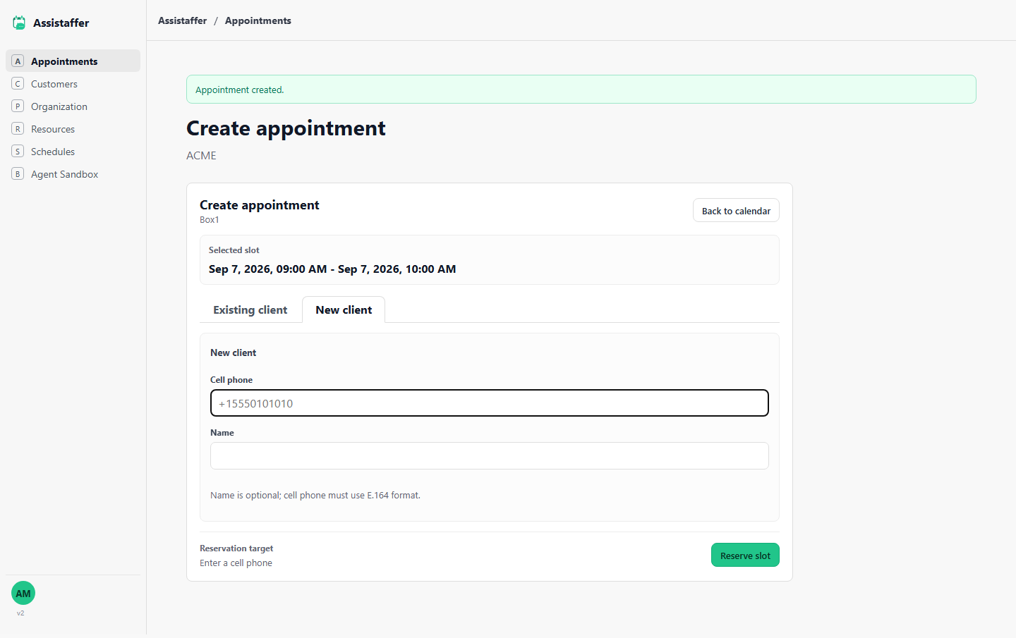 Create appointment form showing a green 'Appointment created' confirmation banner