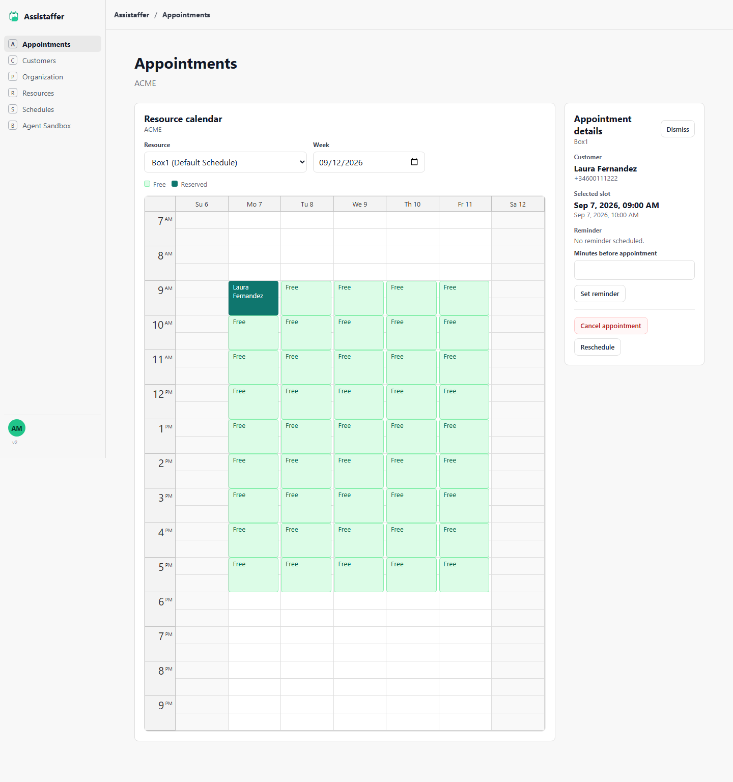 Appointment details side panel showing customer, selected slot, reminder settings, and Cancel appointment / Reschedule buttons
