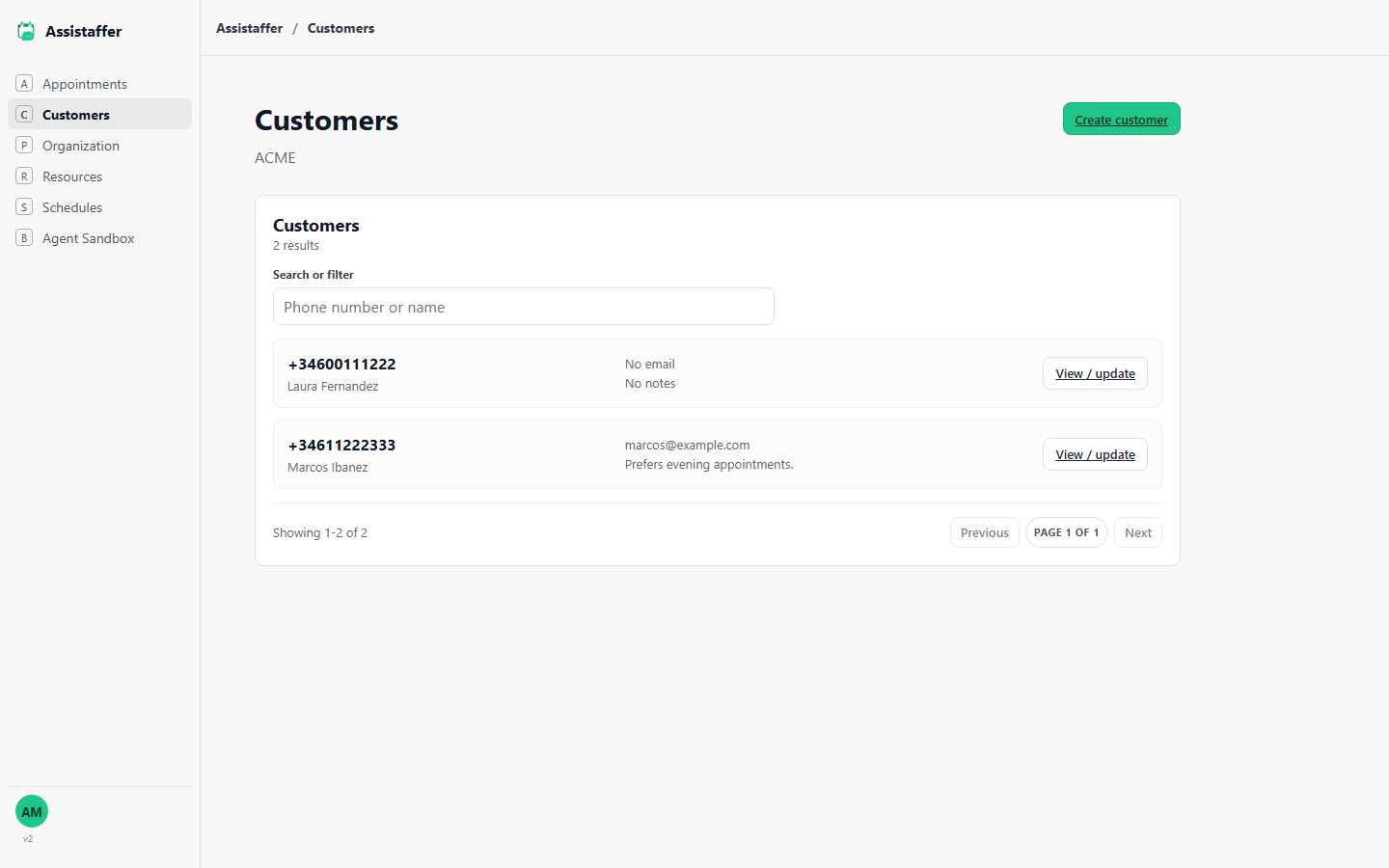 Customers list showing two customers with phone number, name, email, and notes, plus a search box