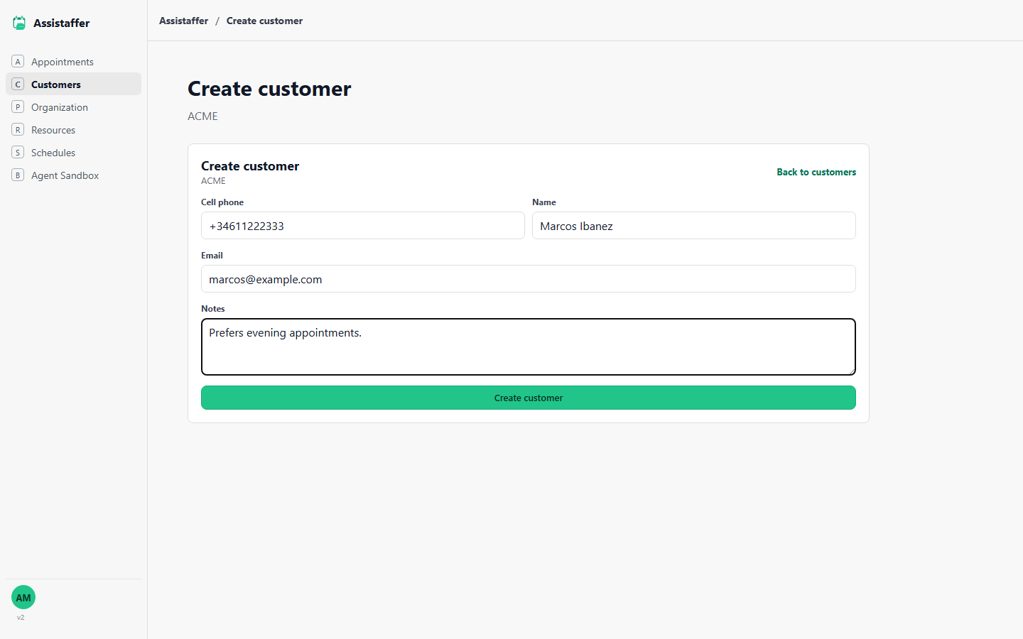 Create customer form with cell phone, name, email, and notes fields filled in