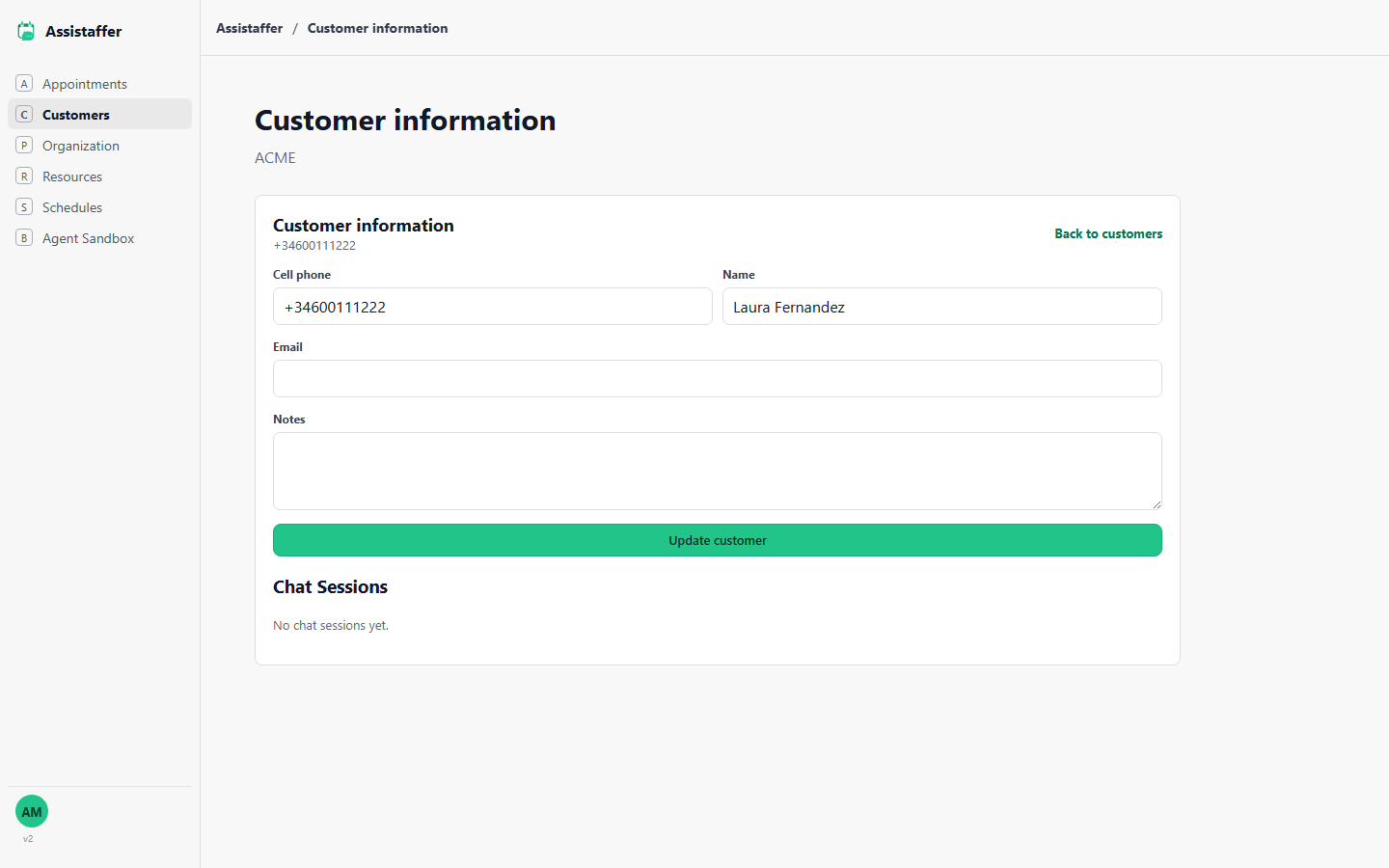 Customer information page with editable fields and a Chat Sessions section